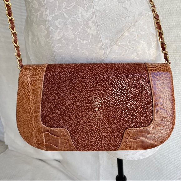 Dannijo Stingray & Alligator Leather Crossbody Box Bag Tan Purse - Picture 1 of 8